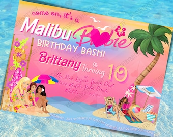 Malibu Beach Party Barb Doll Instant Download, Tropical Swimming Party, Summer Birthday Invite, Free Thank You Card, DEMO IN DESCRIPTION