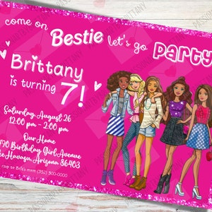 Barb Doll Invitation, Friends Invitation, Hot Pink Invite, Come On Let&#39;s Go Party, Editable Barb Doll Template, Free Thank You Card Included