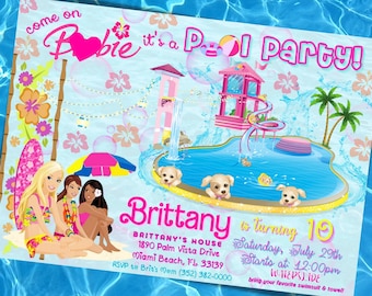 Barb Doll Pool Party Invitation Summer Doll Birthday Party