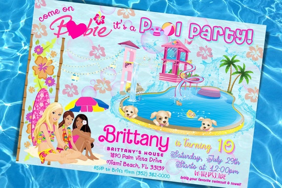 Barb Doll Pool Party Invitation Summer Doll Birthday Party Swimming Waterslide Editable Free Thank You Card Tags DEMO AVAILABLE Etsy Canada