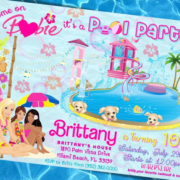 Barb Doll Pool-Party-Einladung, Sommer-Puppen-Geburtstagsfeier, Schwimmen, Wasserrutsche, bearbeitbar, kostenlose Dankeskarte + Tags, DEMO VERFÜGBAR