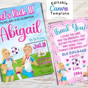 Voetbal Barb Doll verjaardagsuitnodiging, voetbalteam partij, meisjes sport zomer buiten partij Instant Download, gratis dank u kaart, demo beschikbaar