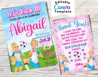 Einladung zum Fußballpuppen-Geburtstag, Fußballmannschaftsparty, Sommer-Sportparty für Mädchen im Freien – Sofort-Download, kostenlose Dankeskarte, Demo verfügbar