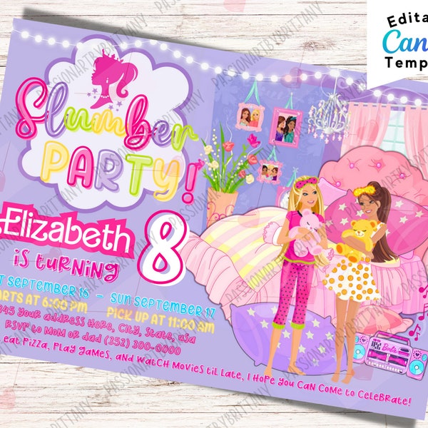 Barb Doll Slumber Party Invitation, Barb Doll Princess Sleepover Pajama Party, Birthday Party, Editable Template Instant Digital Download