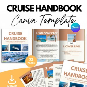 Può includere: Un modello digitale di manuale di crociera Canva con una copertina bianca e il titolo "CRUISE HANDBOOK". Il manuale include pagine con immagini di navi da crociera e il testo "YOUR PLANNER FOR ORGANIZED TRAVEL AND UNFORGETTABLE CRUISE MEMORIES". Il modello è disponibile per il download immediato.