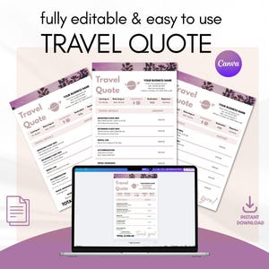 Puede incluir: Un diseño digital con una plantilla de presupuesto de viaje. El diseño incluye el texto "Travel Quote" y "fully editable & easy to use". El diseño se muestra en una pantalla de portátil y documentos impresos.