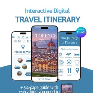 Può includere: Un itinerario di viaggio digitale per Firenze, Italia. L'itinerario è visualizzato sullo schermo di uno smartphone e include una mappa, luoghi da visitare e una lista di cose da mettere in valigia. L'itinerario include anche una guida di 54 pagine con tutto ciò che devi sapere su Firenze.