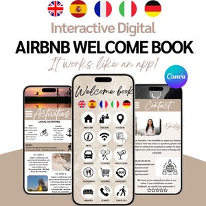 Può includere: Un libro di benvenuto digitale interattivo di Airbnb visualizzato su tre smartphone. Il design include icone per benvenuto, check-in, posizione e altri servizi. Il testo recita "It works like an app!"