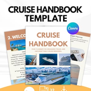 Può includere: Un modello di manuale di crociera bianco e beige con il testo "CRUISE HANDBOOK" e "YOUR PLANNER FOR ORGANIZED TRAVEL AND UNFORGETTABLE CRUISE MEMORIES." Il modello include immagini di navi da crociera e il logo Canva.