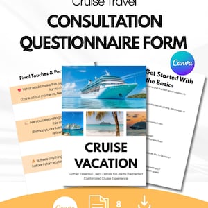 Può includere: Un modulo di questionario digitale per la consulenza di viaggi in crociera. Il modulo include sezioni per raccogliere i dettagli del cliente per creare un'esperienza di crociera personalizzata. Il design presenta un'immagine di una nave da crociera e il logo Canva.
