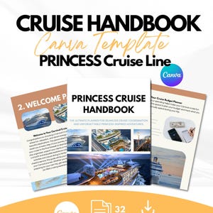 Può includere: Un modello Canva digitale per un manuale di crociera Princess. La copertina presenta il titolo e le immagini delle navi da crociera. Include una pagina di benvenuto, un budget planner e ha 32 pagine. I loghi Canva e download immediato sono visibili.