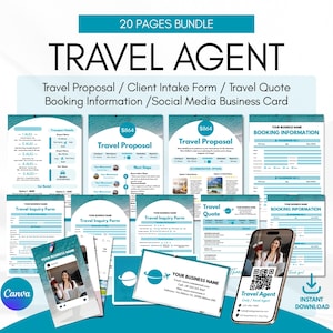 以下が含まれることがあります： 旅行代理店向けの20ページのバンドル。旅行提案、顧客受付フォーム、ソーシャルメディア名刺が含まれています。デザインは、ターコイズと白の配色で、「TRAVEL AGENT」の文字が大きく表示されています。スマートフォンにはQRコードが表示されています。