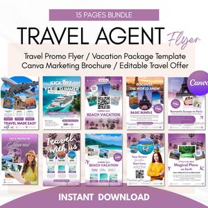 May include: A collection of travel agent flyers with a purple and white color scheme. The flyers promote vacation packages, including cruises, beach getaways, and trips to Paris. Text includes "Travel Agent Flyer" and "Instant Download."
