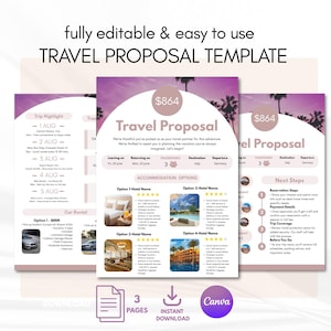 Puede incluir: Plantilla de propuesta de viaje con un diseño morado y blanco. La plantilla incluye secciones para los aspectos más destacados del viaje, opciones de alojamiento y los siguientes pasos. El texto "Travel Proposal" se muestra de forma destacada, con un precio de $864.