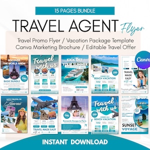 Puede incluir: Un conjunto de folletos de agentes de viajes con una combinación de colores turquesa y blanco. Los folletos presentan imágenes de lugares emblemáticos, playas y cruceros. El texto incluye "Travel Agent Flyer", "Summer Sale" y "Instant Download."