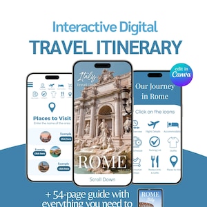 Può includere: Un itinerario di viaggio digitale interattivo per Roma, Italia. L'itinerario include una mappa, luoghi da visitare, dettagli del volo, una lista di imballaggio e altro ancora. L'itinerario è interattivo e può essere utilizzato su un dispositivo mobile. L'immagine include anche una guida di 54 pagine con tutto ciò che devi sapere su Roma.