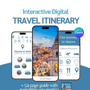 Può includere: Un itinerario di viaggio digitale interattivo per Matera, Italia, mostrato su tre smartphone. Gli schermi mostrano informazioni come luoghi da visitare, dettagli dei voli e una guida di 54 pagine. Il testo include "Italy Travel Guide" e "Our Journey in Matera".