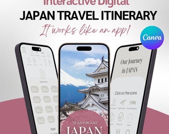 May include: Three smartphones displaying a digital Japan travel itinerary. The central phone shows a Japanese temple and the text "JAPAN Travel Guide." The other phones display itinerary details. The image includes the text "Interactive Digital JAPAN TRAVEL ITINERARY."