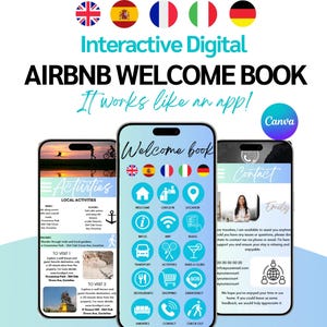 Può includere: Un libro di benvenuto digitale interattivo di Airbnb visualizzato su tre smartphone. Gli schermi mostrano informazioni, tra cui attività, dettagli del check-in e informazioni di contatto. Il design include icone e il testo "Welcome Book."