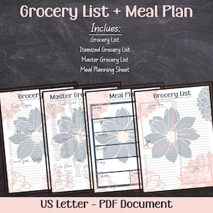 Einkaufsliste Speiseplan druckbare Master Einkaufsliste Bundle | Dahlia Floral Shopping Planer mit Checkliste | Sofort Download