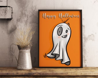 Happy halloween JPG, Cute Ghost with Orange Background Painting | Halloween Decor | Special Halloween Edition | PRINTABLE Wall Art