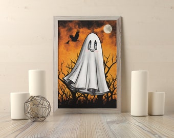 Happy halloween JPG, Cute Ghost with Orange Background Painting | Halloween Decor | Special Halloween Edition | PRINTABLE Wall Art full moon