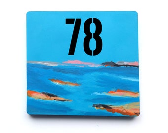 House number plaque, blue tile with modern marine decoration, handmade and hand-painted.