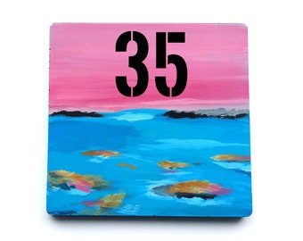 House number plaque, blue tile with modern marine decoration, handmade and hand-painted.