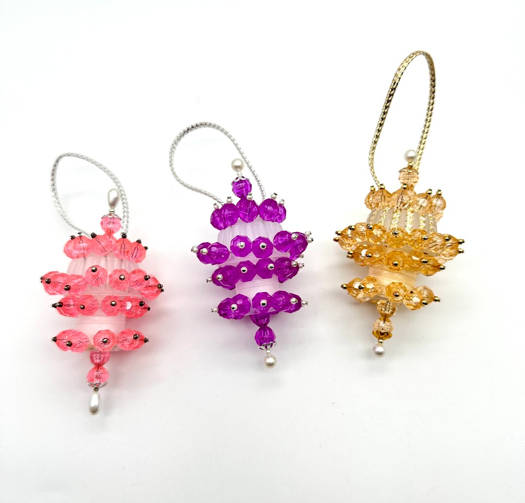 Vintage Handmade Beaded Christmas Ornaments Set of 3 1970s Bead Push