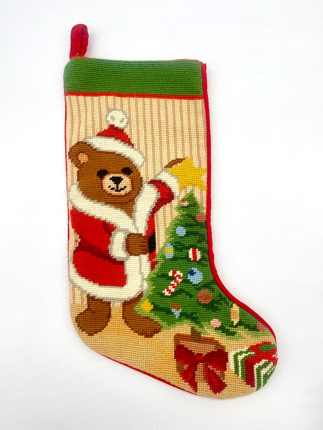 Vintage Christmas Stocking Needlepoint Santa Bear Tree Red Velvet Back Etsy
