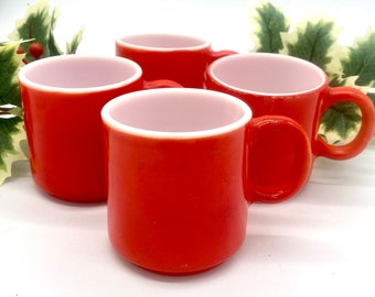 FOUR Hazel Atlas Vintage Milk Glass Red Stackable Mugs 1950s