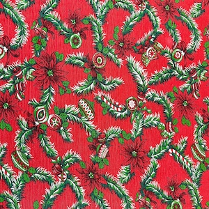 Mid Century Vintage Christmas Tablecloth | Retro Festive Holiday Table Linen | Red, Green, Poinsettias, Ornaments | 44 x 50 - Collectible