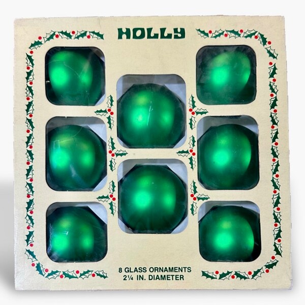 Vintage Holly Brand Adornos navideños de vidrio verde brillante / Caja original de 8 / 2,25" de diámetro