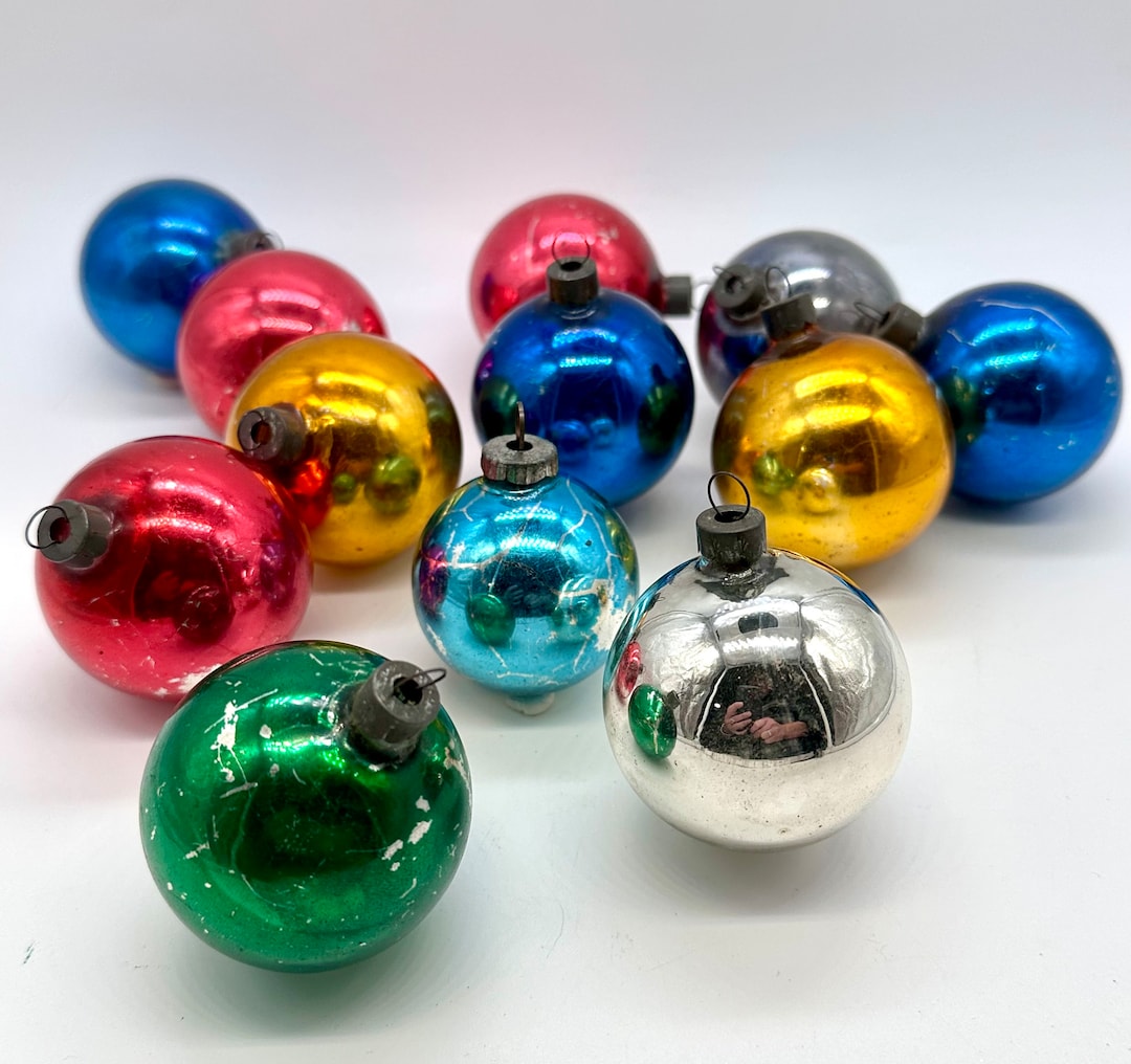 Shabby Vintage Multicolored Glass Ball Ornaments Collection of 12