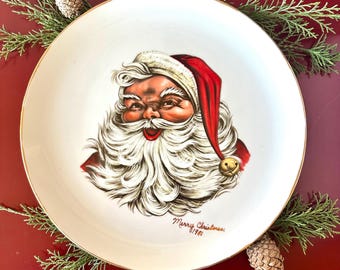 Vintage Santa Claus Cookie Plate, Merry Christmas 1981, Porcelain Christmas Plate with Gold Trimmed - 10&quot;
