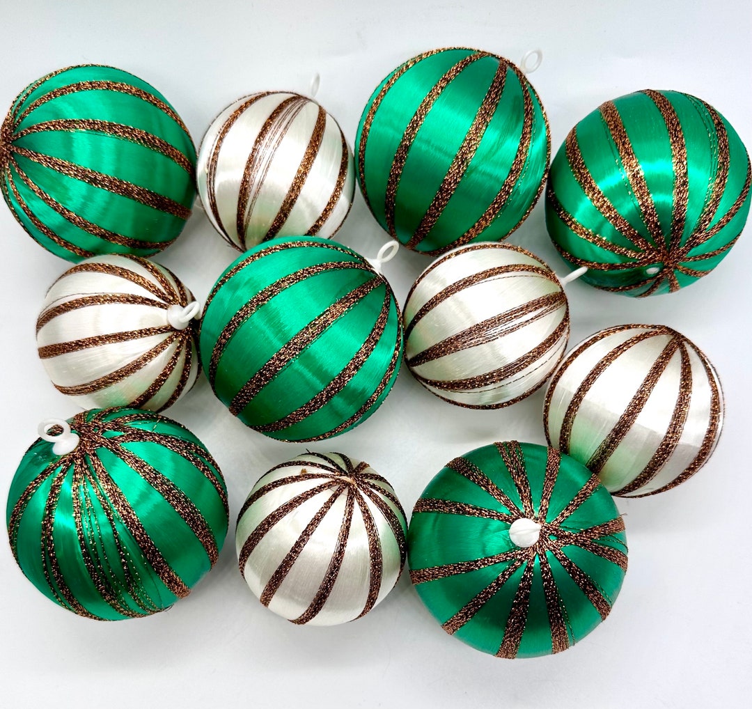 Vintage Green and White Satin Christmas Tree Ornaments With Gold