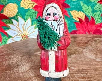 Vintage 1987 Hallmark Folk Art Santa Claus with Bottle Brush Tree Christmas Ornament