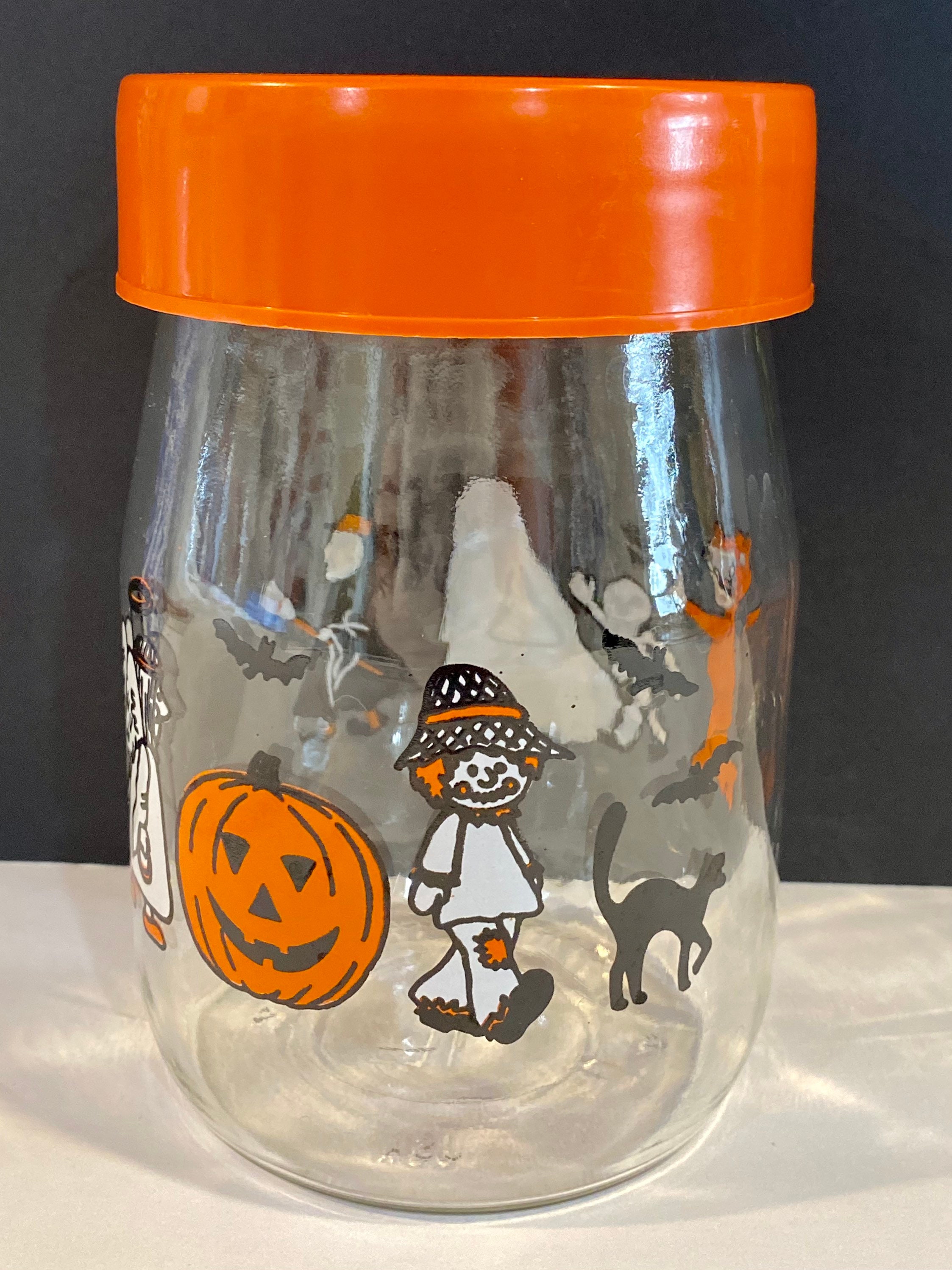 Vintage 70's Clear Glass Cookie Jar W/ Reddish/Orange 3L CARLTON Halloween  retro