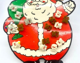Vintage Santa Claus Store Display w/ 16 Flocked Fuzzy Teddy Bear Tac Pins | 1980s Countertop Christmas Advertising Panel