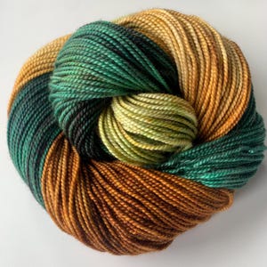 Hand Dyed Sport Weight Yarn Mossy Forest Colorway Green Gold Brown