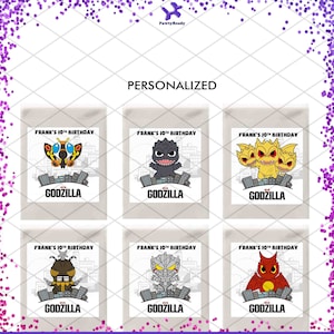 May include: Six printable favor bag designs featuring different Godzilla characters. Each design includes the text "Frank's 10th Birthday" and "Godzilla".
