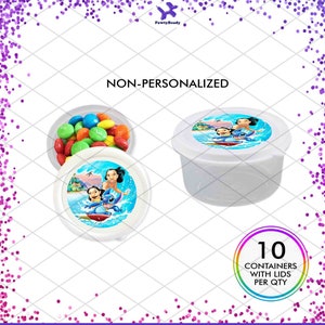 May include: Set of 10 white plastic containers with lids, each featuring a colorful sticker with a cartoon image of Lilo and Stitch. The text "NON-PERSONALIZED" is printed above the containers. The text "10 CONTAINERS WITH LIDS PER QTY" is printed below the containers.