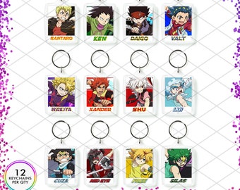 Llavero Beyblade Burst, llavero personalizado con foto y mensaje, recuerdo de fiesta de cumpleaños de anime de doble cara, regalo para amantes de las peonzas, juego de 12