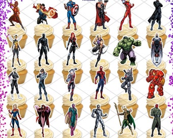 Avengers Cupcake Toppers Birthday Party Decorations Super Hero Thor Hulk Iron Man Captain America Spiderman Black Panther Dr. Strange Widow