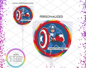 Captain America Personalized Stickers, Custom Superhero Boy Birthday Party Favor, Round Labels for Lollipop, Gifting, Tags, Seal, Decoration