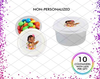 May include: A set of 10 white plastic containers with lids, each featuring a colorful image of a cartoon baby girl with a flower crown. The containers are perfect for holding small treats or favors.  The text "10 CONTAINERS WITH LIDS PER QTY" is printed on a rainbow circle.