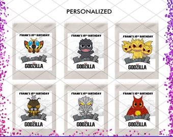 Godzilla Personalized Stickers, Custom Monster Birthday label, Party Favor for Lollipop, Gift, Tags, Seal, Chibi Mothra Ghidorah Rodan