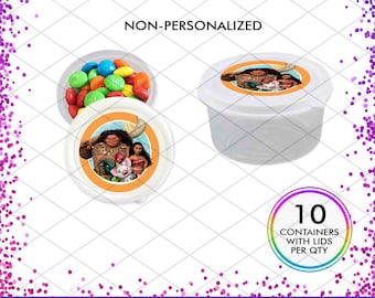 May include: A set of 10 white plastic containers with lids, each featuring a colorful sticker with a cartoon image of Maui, Moana, and Pua from the Disney movie Moana. The text "NON-PERSONALIZED" is printed above the containers. The text "10 CONTAINERS WITH LIDS PER QTY" is printed in a circle below the containers.