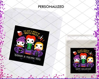 Hocus Pocus Sticker Personalized Stickers, Custom Witch Birthday Party Favor, Square labels for Lollipop, Gift, Tags, Seal, Halloween Decor