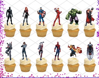 Avengers Cupcake Toppers Birthday Party Decorations Super Hero Thor Hulk Iron Man Captain America Spiderman Black Panther Dr. Strange Widow
